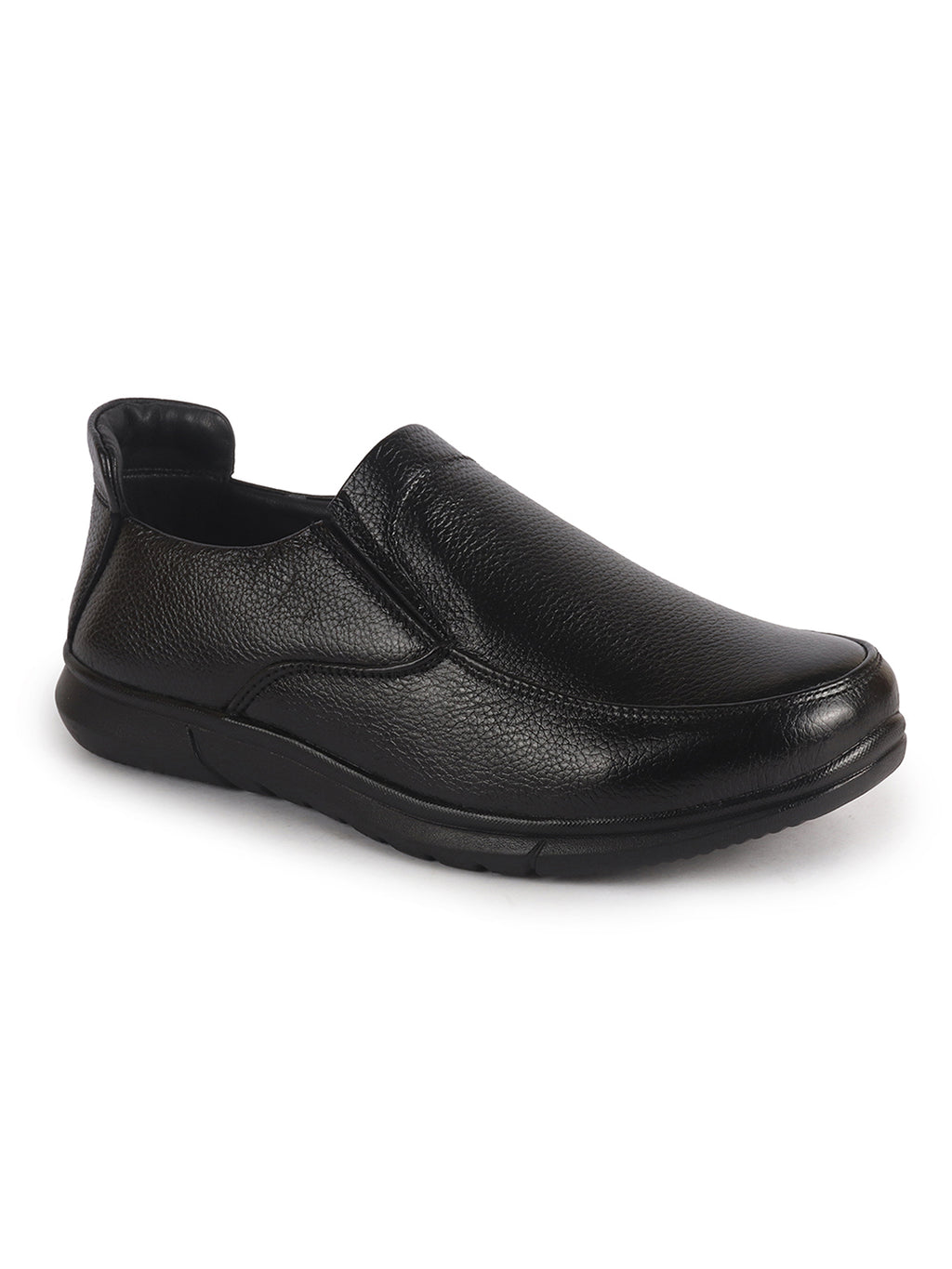 Men Black Genuine Leather Formal Slip-On Loafer Shoes|Superior Comfort and Shock Absorption Memory Cushioned Insole|Broad Feet Lightweight Anti-Skid Sole