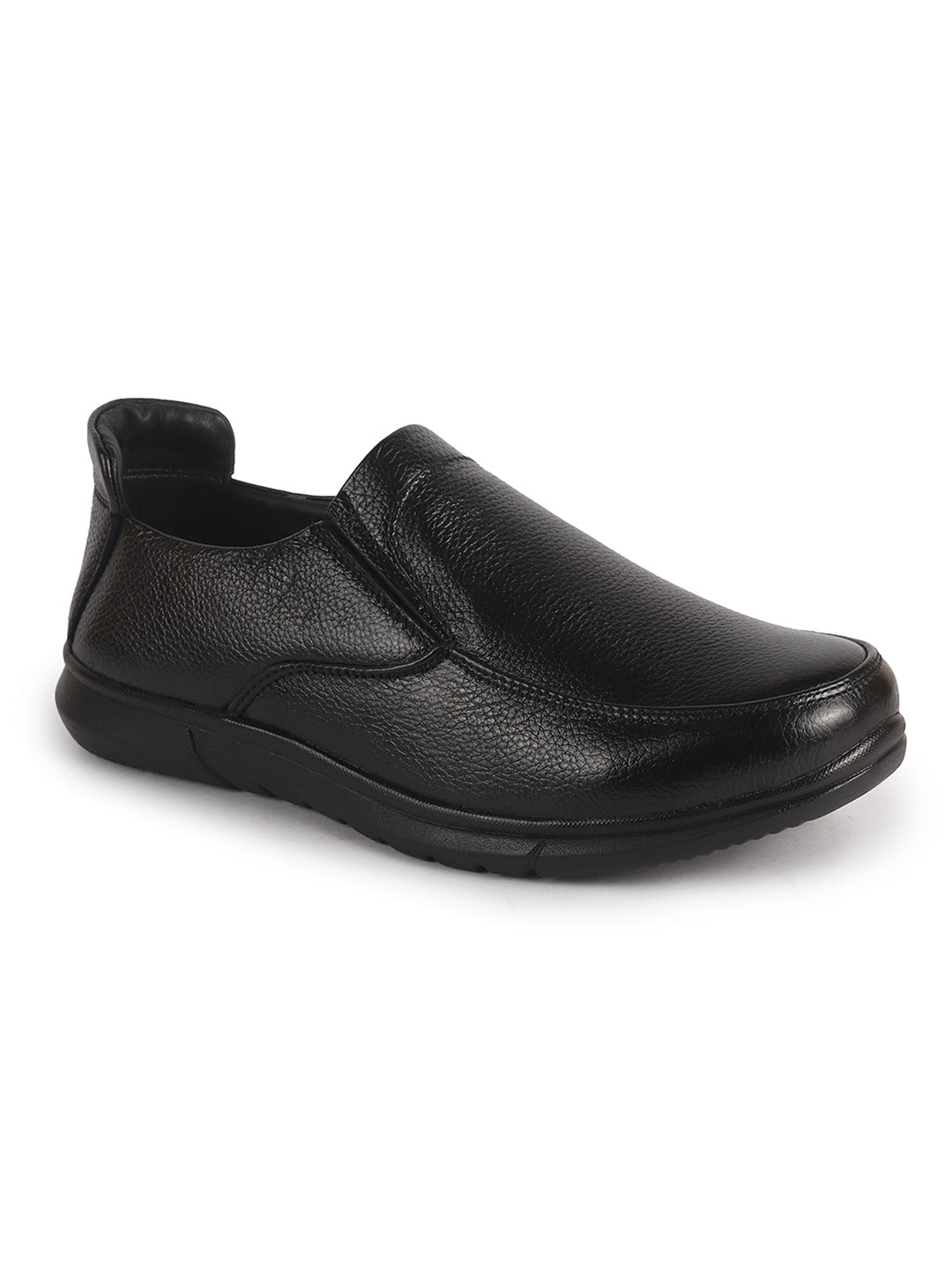 Men Black Genuine Leather Formal Slip-On Loafer Shoes|Superior Comfort and Shock Absorption Memory Cushioned Insole|Broad Feet Lightweight Anti-Skid Sole