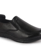 Men Black Genuine Leather Formal Slip-On Loafer Shoes|Superior Comfort and Shock Absorption Memory Cushioned Insole|Broad Feet Lightweight Anti-Skid Sole