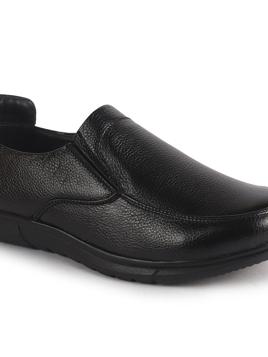 Men Black Genuine Leather Formal Slip-On Loafer Shoes|Superior Comfort and Shock Absorption Memory Cushioned Insole|Broad Feet Lightweight Anti-Skid Sole