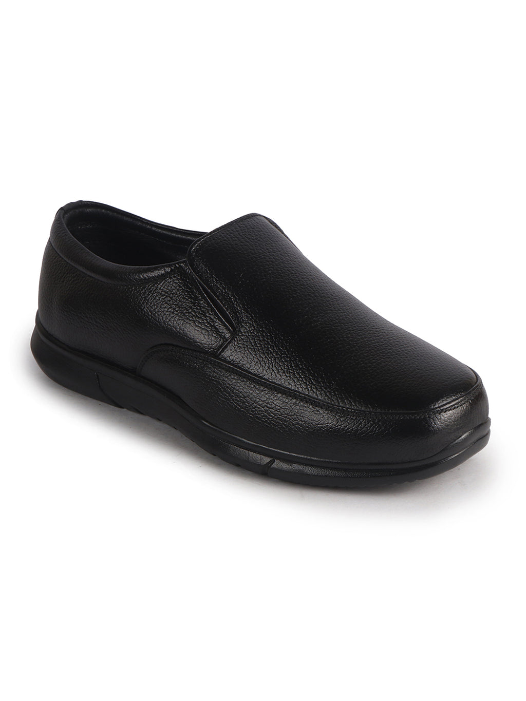 Men Black Genuine Leather Classic Formal Round Toe Slip-On Shoes|Superior Comfort and Shock Absorption Memory Cushioned Insole|Broad Feet Lightweight Anti-Skid EVA Sole