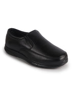Men Black Genuine Leather Classic Formal Round Toe Slip-On Shoes|Superior Comfort and Shock Absorption Memory Cushioned Insole|Broad Feet Lightweight Anti-Skid EVA Sole