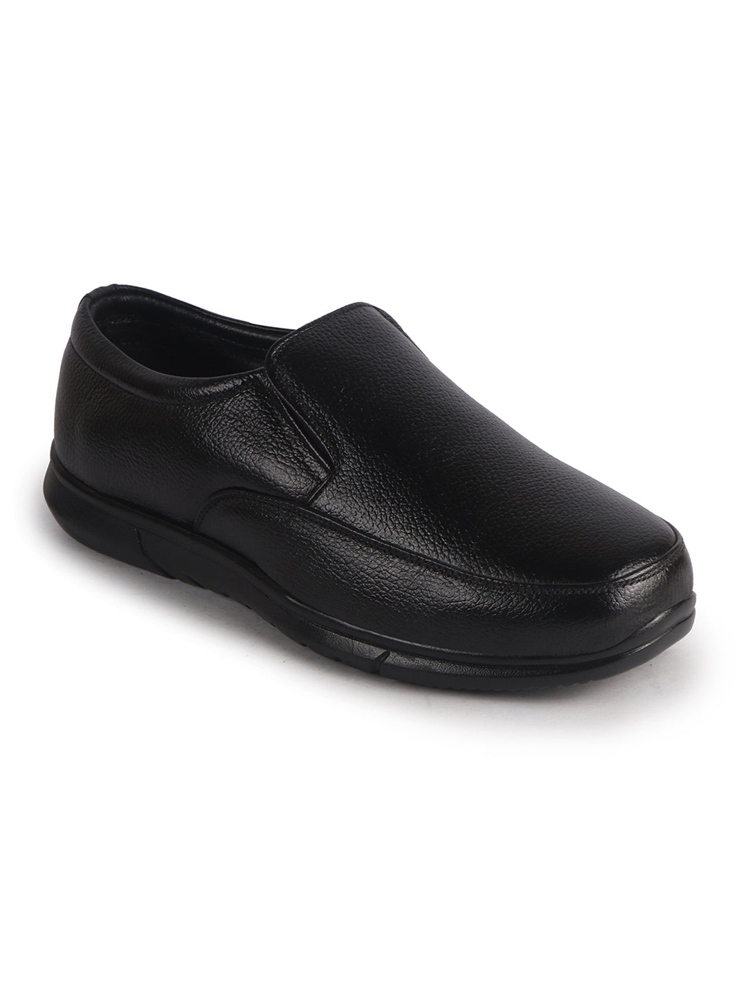 Men Black Genuine Leather Classic Formal Round Toe Slip-On Shoes|Superior Comfort and Shock Absorption Memory Cushioned Insole|Broad Feet Lightweight Anti-Skid EVA Sole
