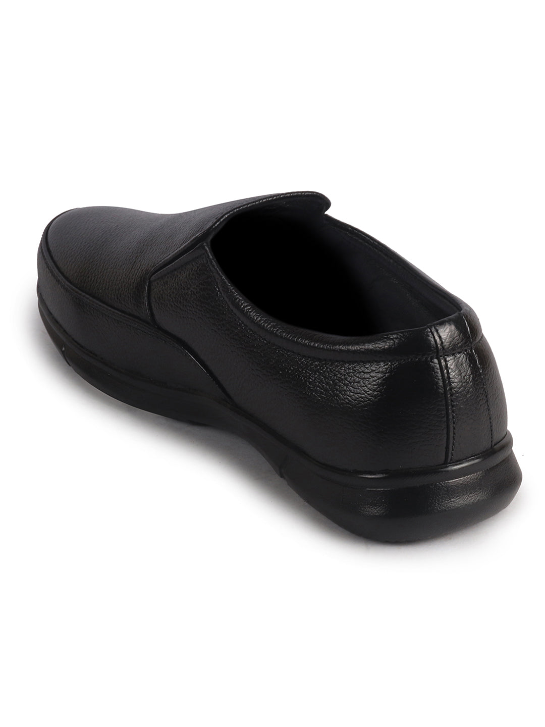 Men Black Genuine Leather Classic Formal Round Toe Slip-On Shoes|Superior Comfort and Shock Absorption Memory Cushioned Insole|Broad Feet Lightweight Anti-Skid EVA Sole