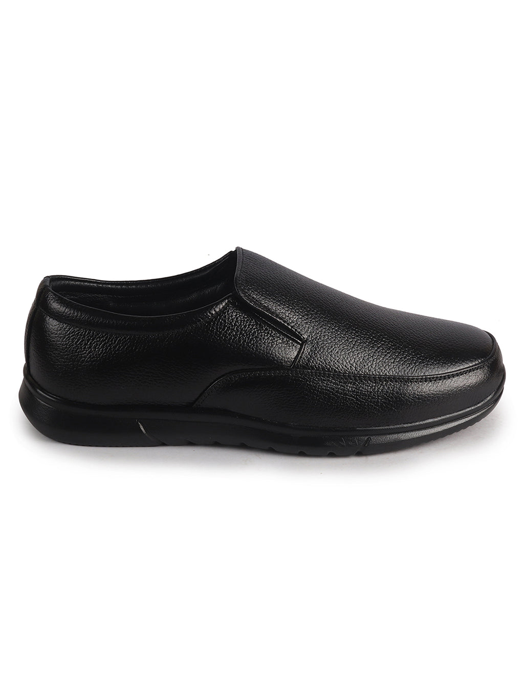 Men Black Genuine Leather Classic Formal Round Toe Slip-On Shoes|Superior Comfort and Shock Absorption Memory Cushioned Insole|Broad Feet Lightweight Anti-Skid EVA Sole