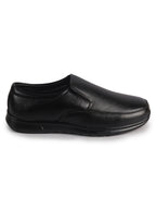 Men Black Genuine Leather Classic Formal Round Toe Slip-On Shoes|Superior Comfort and Shock Absorption Memory Cushioned Insole|Broad Feet Lightweight Anti-Skid EVA Sole