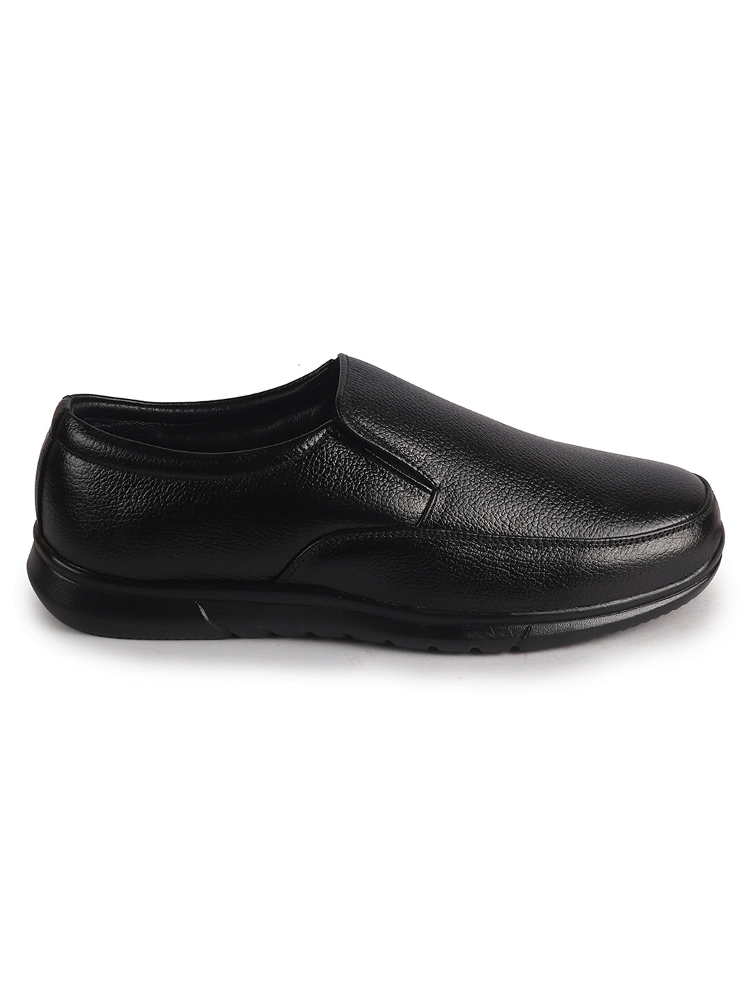 Men Black Genuine Leather Classic Formal Round Toe Slip-On Shoes|Superior Comfort and Shock Absorption Memory Cushioned Insole|Broad Feet Lightweight Anti-Skid EVA Sole
