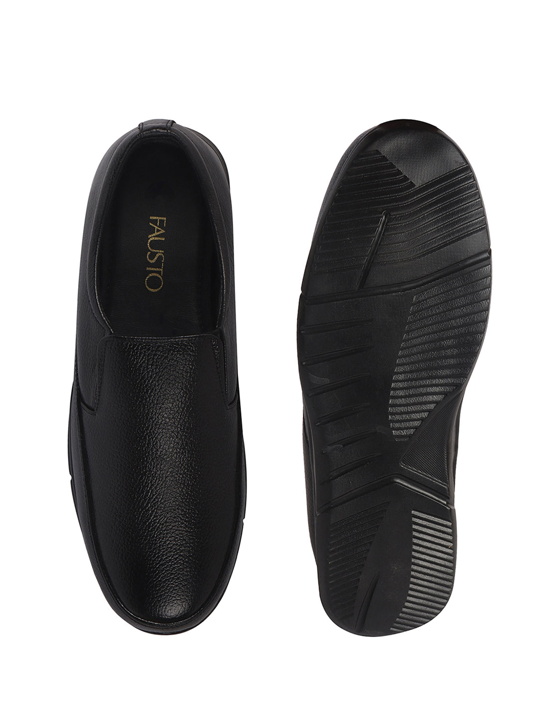 Men Black Genuine Leather Classic Formal Round Toe Slip-On Shoes|Superior Comfort and Shock Absorption Memory Cushioned Insole|Broad Feet Lightweight Anti-Skid EVA Sole