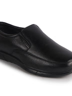 Men Black Genuine Leather Classic Formal Round Toe Slip-On Shoes|Superior Comfort and Shock Absorption Memory Cushioned Insole|Broad Feet Lightweight Anti-Skid EVA Sole