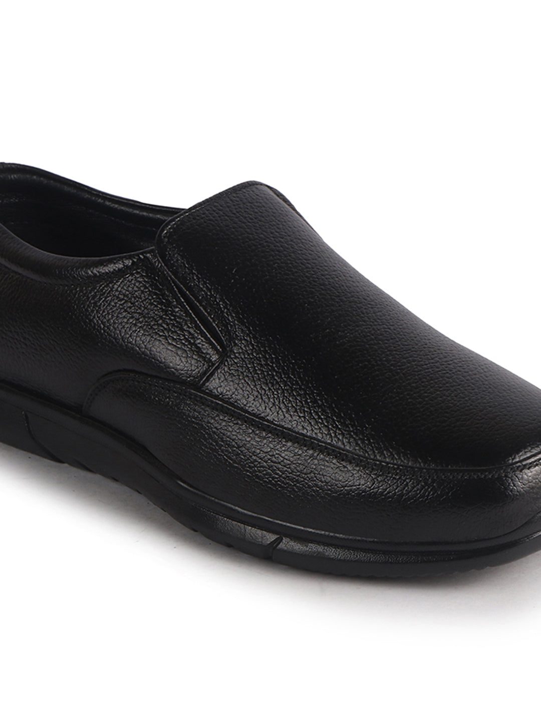 Men Black Genuine Leather Classic Formal Round Toe Slip-On Shoes|Superior Comfort and Shock Absorption Memory Cushioned Insole|Broad Feet Lightweight Anti-Skid EVA Sole
