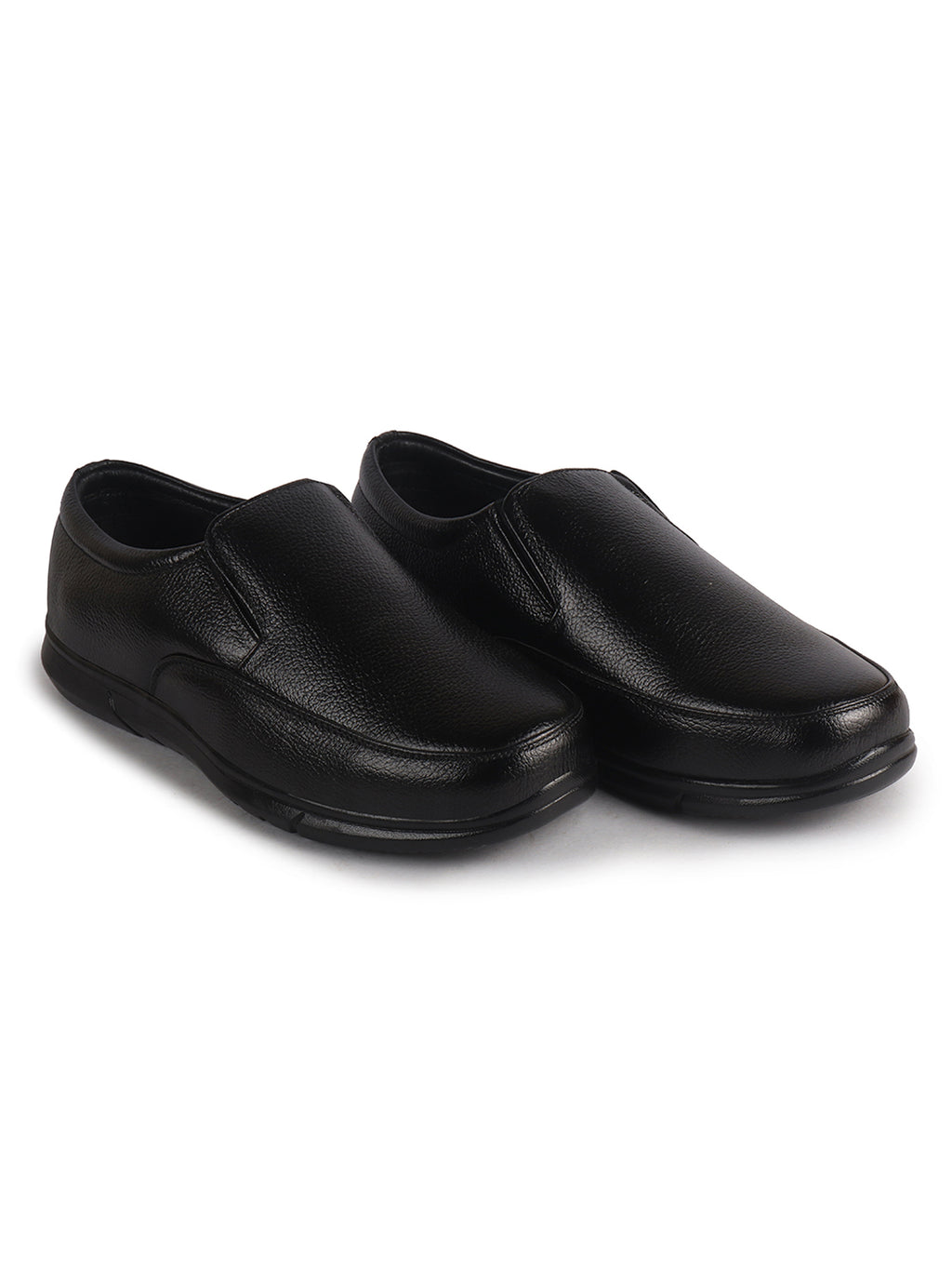 Men Black Genuine Leather Classic Formal Round Toe Slip-On Shoes|Superior Comfort and Shock Absorption Memory Cushioned Insole|Broad Feet Lightweight Anti-Skid EVA Sole
