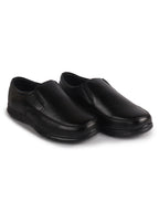 Men Black Genuine Leather Classic Formal Round Toe Slip-On Shoes|Superior Comfort and Shock Absorption Memory Cushioned Insole|Broad Feet Lightweight Anti-Skid EVA Sole