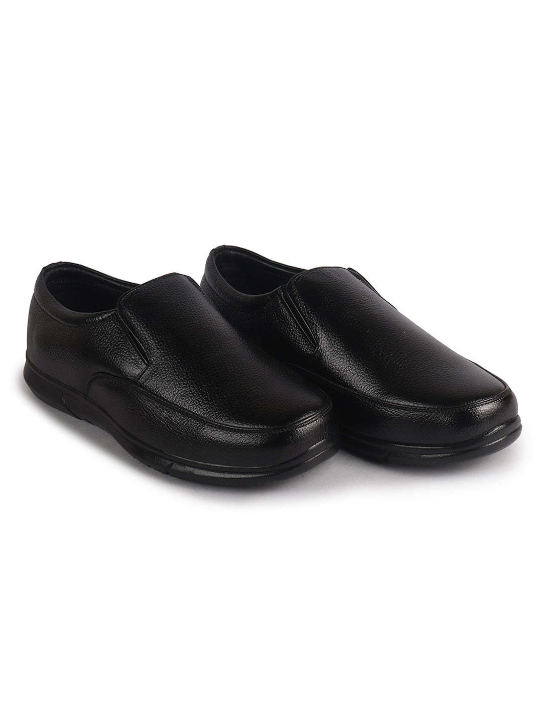 Men Black Genuine Leather Classic Formal Round Toe Slip-On Shoes|Superior Comfort and Shock Absorption Memory Cushioned Insole|Broad Feet Lightweight Anti-Skid EVA Sole