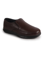 Men Brown Genuine Leather Classic Formal Round Toe Slip-On Shoes|Superior Comfort and Shock Absorption Memory Cushioned Insole|Broad Feet Lightweight Anti-Skid EVA Sole