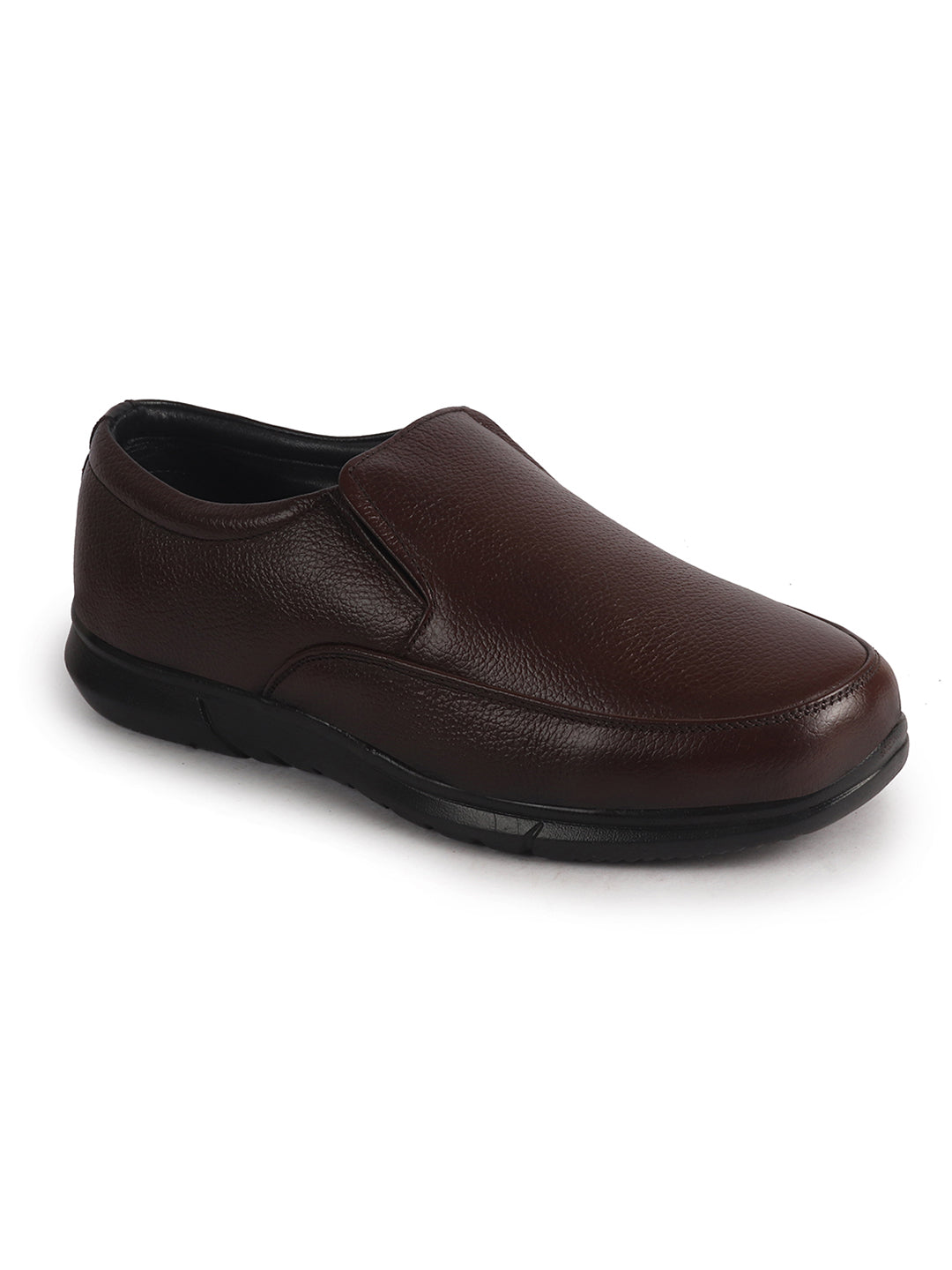 Men Brown Genuine Leather Classic Formal Round Toe Slip-On Shoes|Superior Comfort and Shock Absorption Memory Cushioned Insole|Broad Feet Lightweight Anti-Skid EVA Sole