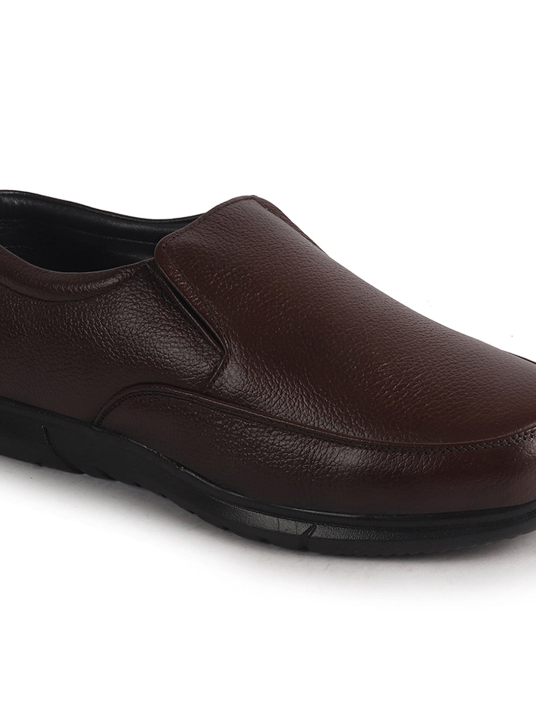 Men Brown Genuine Leather Classic Formal Round Toe Slip-On Shoes|Superior Comfort and Shock Absorption Memory Cushioned Insole|Broad Feet Lightweight Anti-Skid EVA Sole