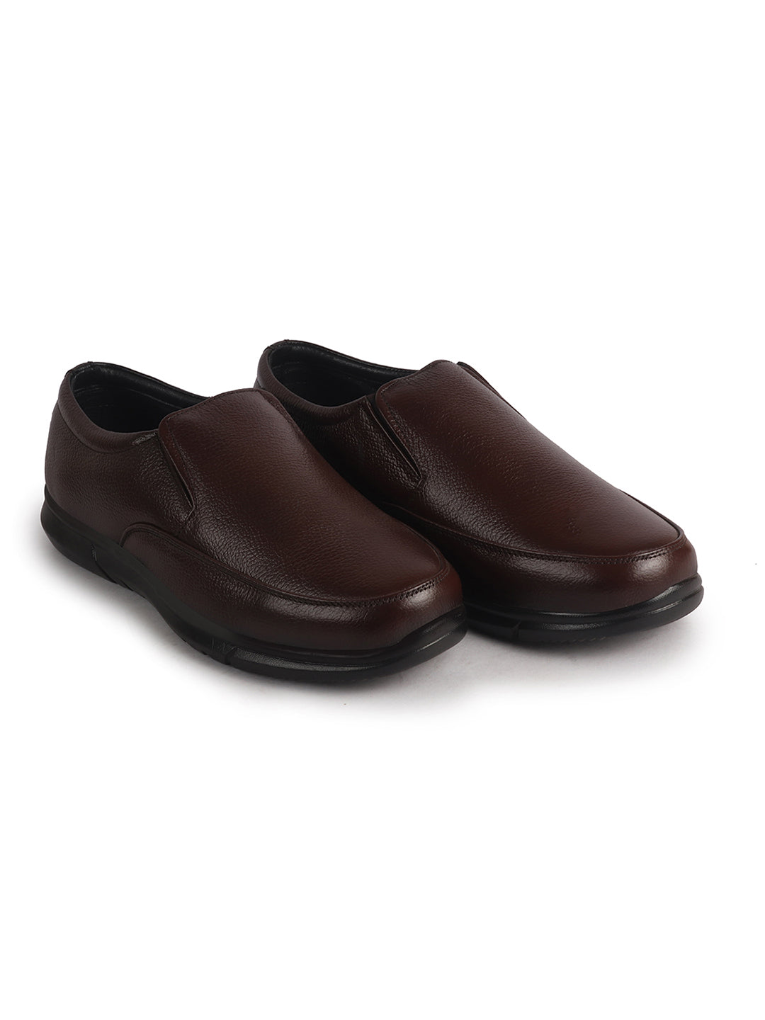 Men Brown Genuine Leather Classic Formal Round Toe Slip-On Shoes|Superior Comfort and Shock Absorption Memory Cushioned Insole|Broad Feet Lightweight Anti-Skid EVA Sole