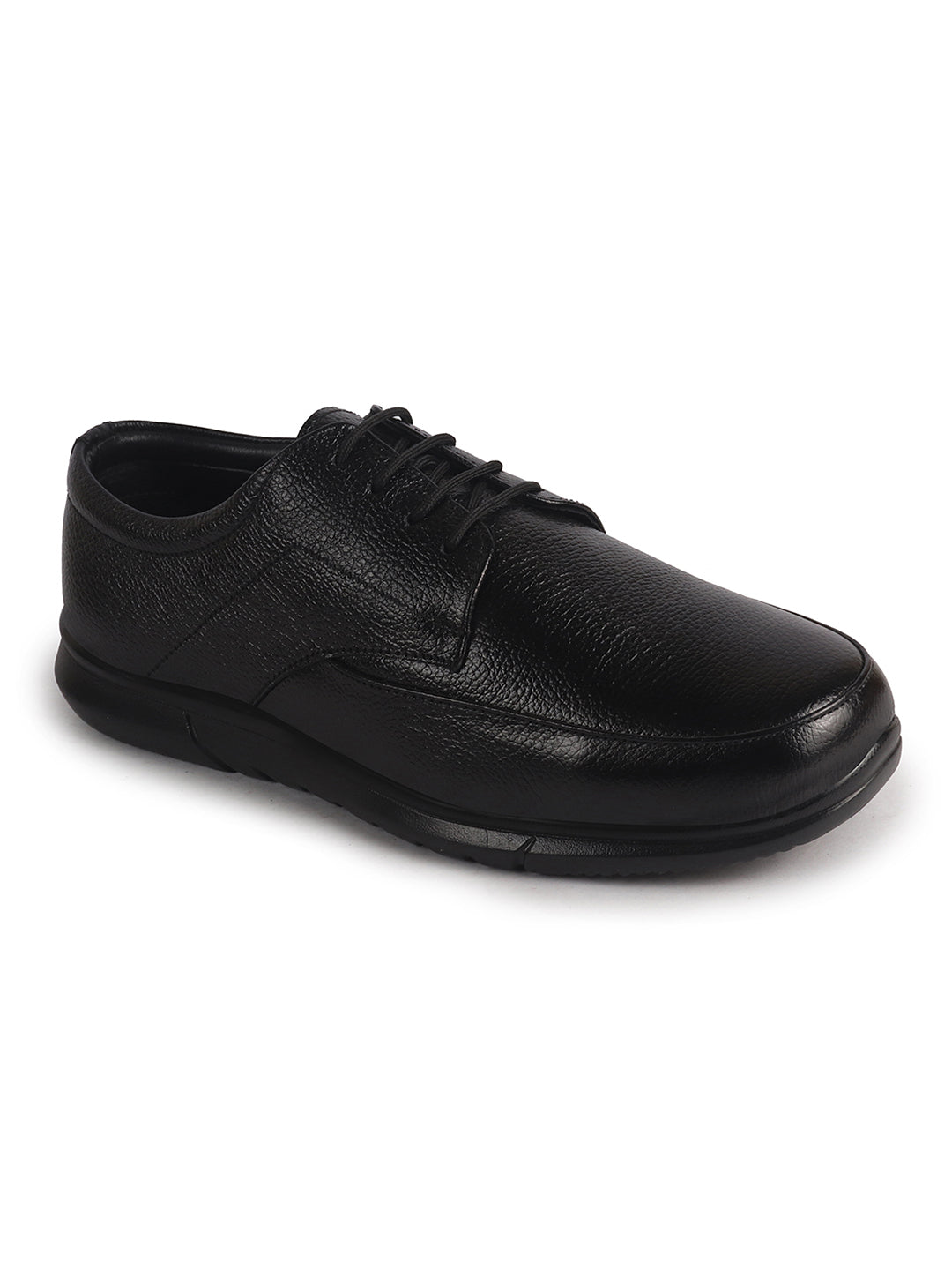 Men Black Genuine Leather Formal Office Textured Lace Up Round Toe Derby Shoes|Memory Cushioned Insole, Flexible Fit, Lightweight and Slip Resistant Sole with Comfort