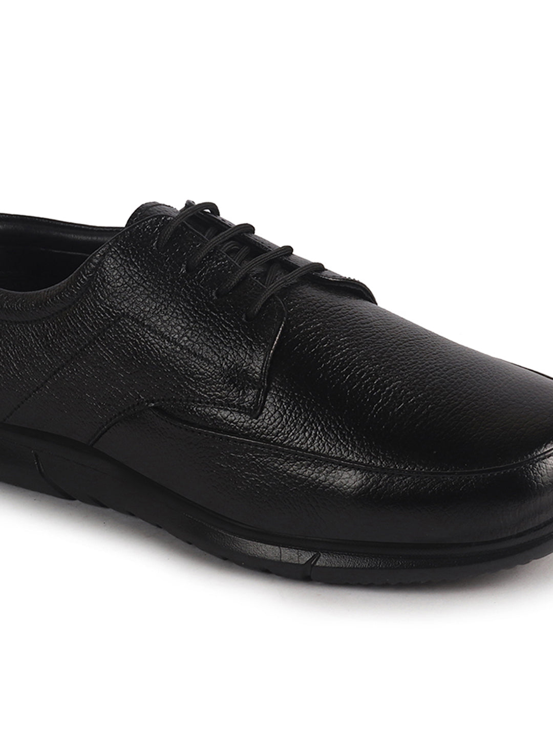 Men Black Genuine Leather Formal Office Textured Lace Up Round Toe Derby Shoes|Memory Cushioned Insole, Flexible Fit, Lightweight and Slip Resistant Sole with Comfort