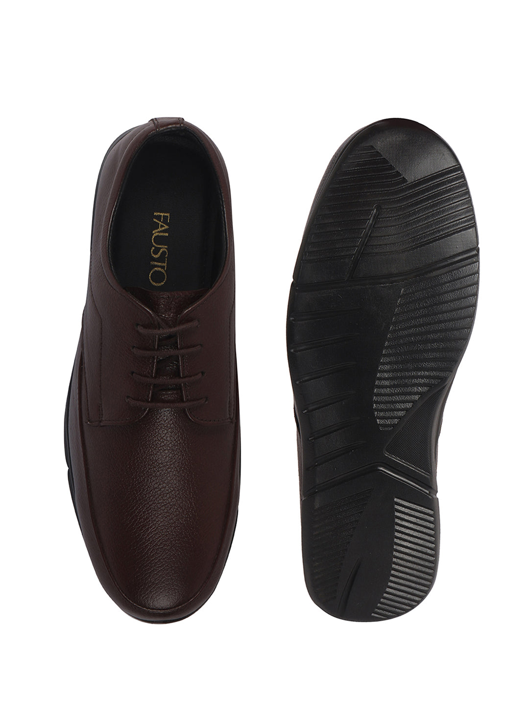 Men Brown Genuine Leather Formal Office Textured Lace Up Round Toe Derby Shoes|Memory Cushioned Insole, Flexible Fit, Lightweight and Slip Resistant Sole with Comfort