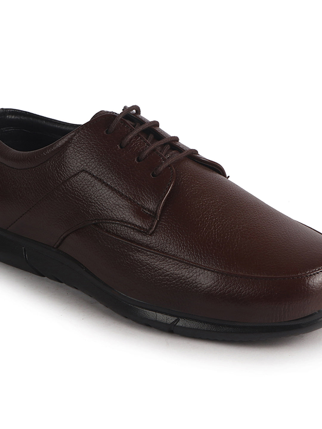Men Brown Genuine Leather Formal Office Textured Lace Up Round Toe Derby Shoes|Memory Cushioned Insole, Flexible Fit, Lightweight and Slip Resistant Sole with Comfort