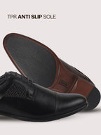 Men Black Genuine Leather Cap Toe Formal Textured Lace Up Oxford Shoes|Anti Skid TPR Sole for All Day Long|Tuxedo Classic Brogue Shoe for Office, Wedding, Travel, Events