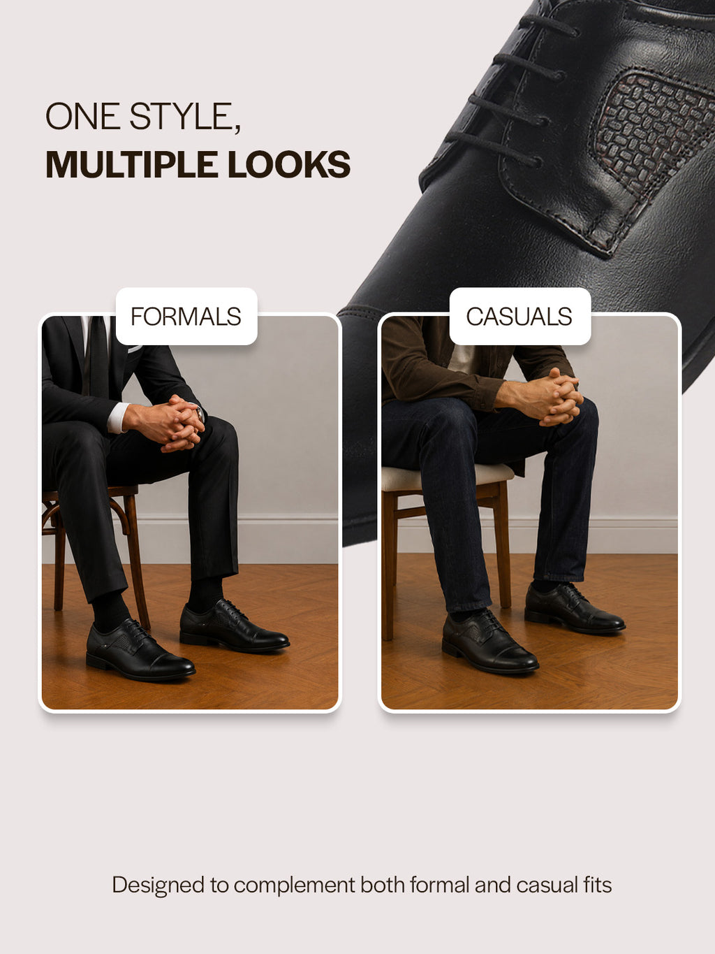 Men Black Genuine Leather Cap Toe Formal Textured Lace Up Oxford Shoes|Anti Skid TPR Sole for All Day Long|Tuxedo Classic Brogue Shoe for Office, Wedding, Travel, Events