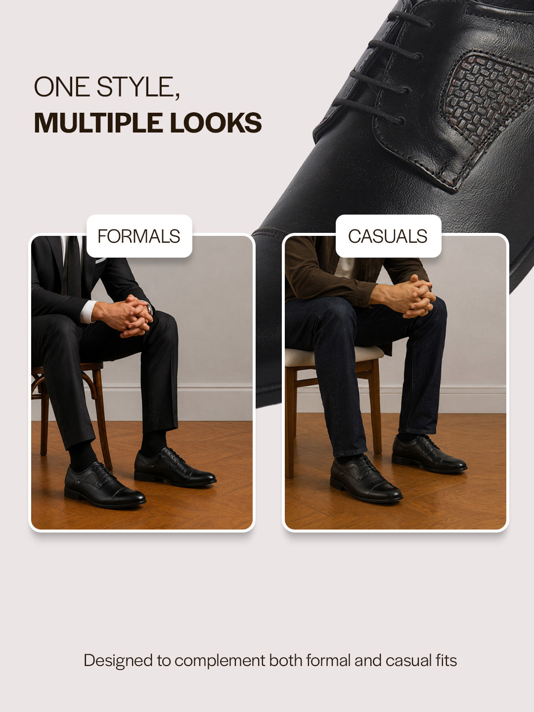 Men Black Genuine Leather Cap Toe Formal Textured Lace Up Oxford Shoes|Anti Skid TPR Sole for All Day Long|Tuxedo Classic Brogue Shoe for Office, Wedding, Travel, Events
