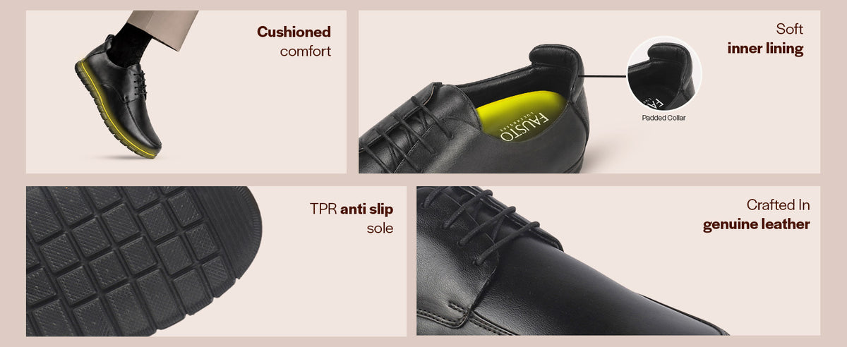 Men Black Genuine Leather Formal Lace Up Derby Shoe for Office|Collar Padded Back Support Shoe for Travel, Meetings, Events|Flexible Fit, Durable Slip Resistant Sole