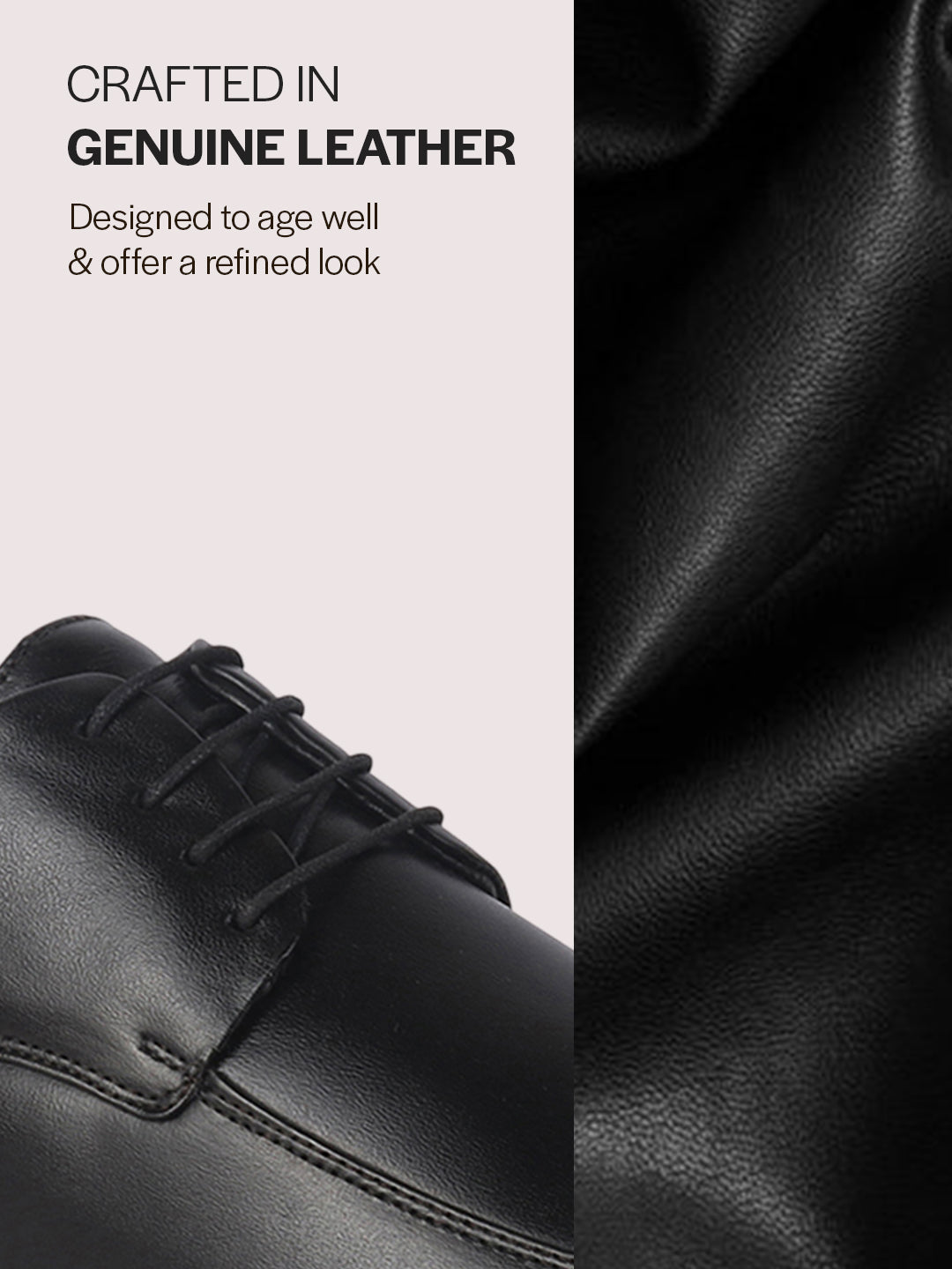 Men Black Genuine Leather Formal Lace Up Derby Shoe for Office|Collar Padded Back Support Shoe for Travel, Meetings, Events|Flexible Fit, Durable Slip Resistant Sole