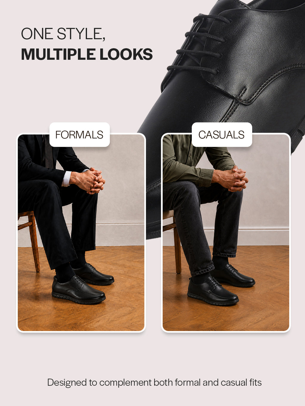 Men Black Genuine Leather Formal Lace Up Derby Shoe for Office|Collar Padded Back Support Shoe for Travel, Meetings, Events|Flexible Fit, Durable Slip Resistant Sole