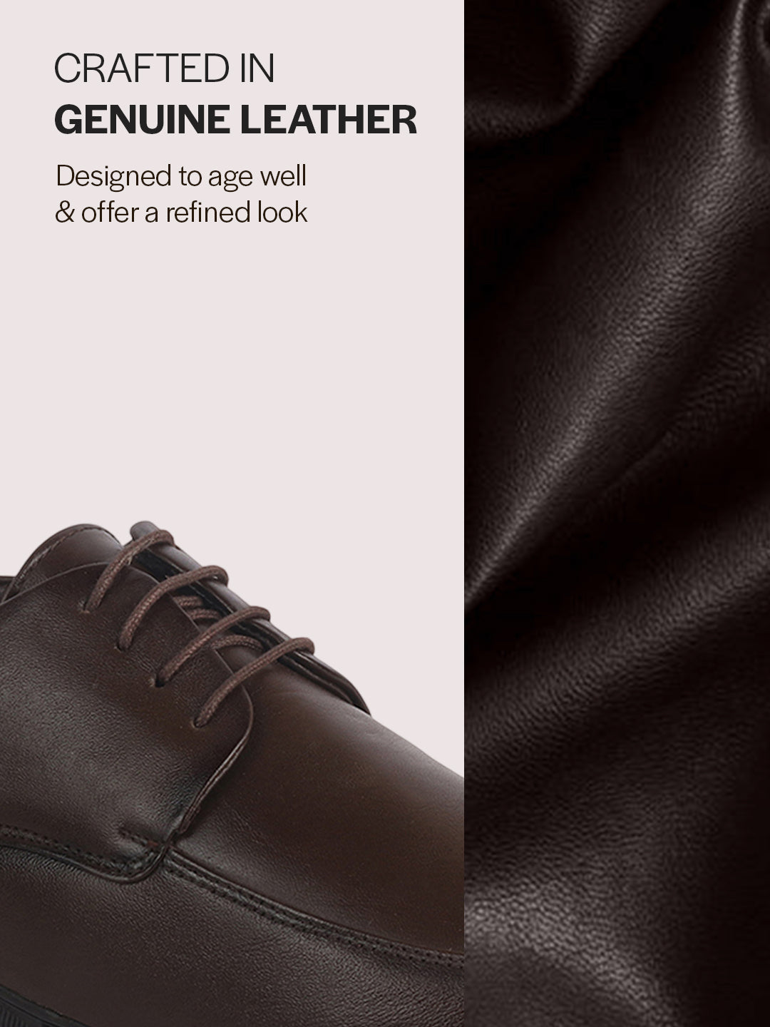 Men Brown Genuine Leather Formal Lace Up Derby Shoe for Office|Collar Padded Back Support Shoe for Travel, Meetings, Events|Flexible Fit, Durable Slip Resistant Sole