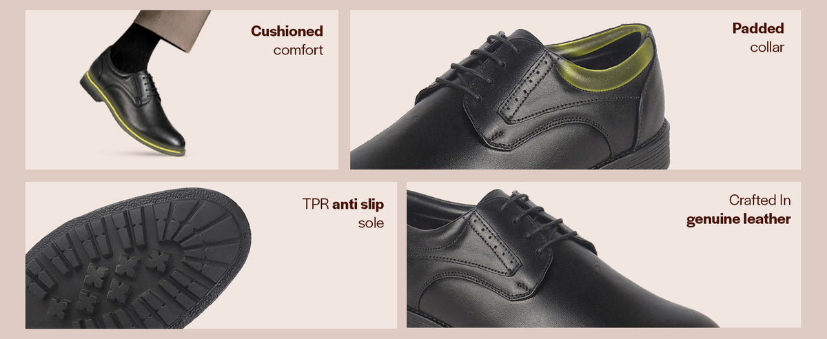Men Black Genuine Leather Round Toe Formal Lace Up Derby Shoes|Memory Cushioned Insole Shoe for Office, Meeting, Travel, Events|TPR Welted Sole for All Day Long