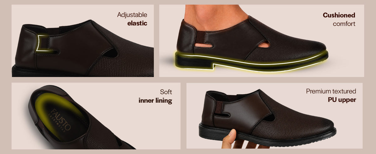 Men Brown Ethnic Wedding Peshawari Shoe Style Sandal with Elastic Side Gore|Premium Textured Slip-On Roman Sandals Paired with Kurta Pyjama or Jeans|Slip Resistant TPR Welted Sole