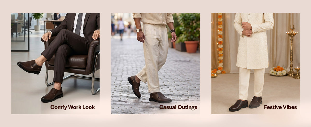 Men Brown Ethnic Wedding Peshawari Shoe Style Sandal with Elastic Side Gore|Premium Textured Slip-On Roman Sandals Paired with Kurta Pyjama or Jeans|Slip Resistant TPR Welted Sole