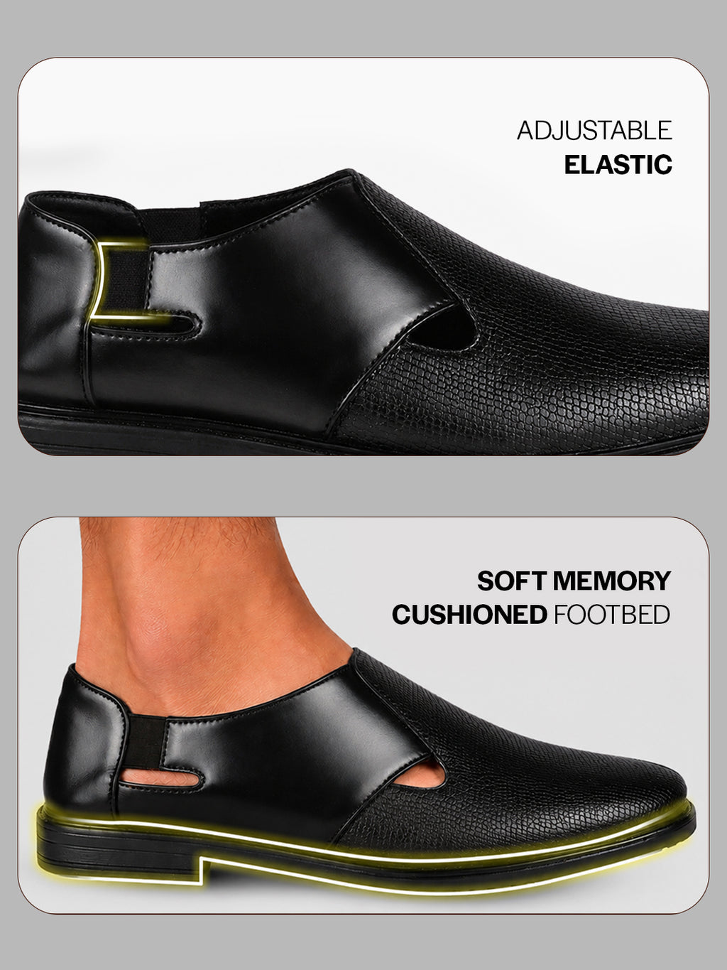 Men Black Ethnic Wedding Peshawari Shoe Style Sandal with Elastic Side Gore|Premium Textured Slip-On Roman Sandals Paired with Kurta Pyjama or Jeans|Slip Resistant TPR Welted Sole