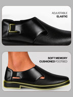 Men Black Ethnic Wedding Peshawari Shoe Style Sandal with Elastic Side Gore|Premium Textured Slip-On Roman Sandals Paired with Kurta Pyjama or Jeans|Slip Resistant TPR Welted Sole