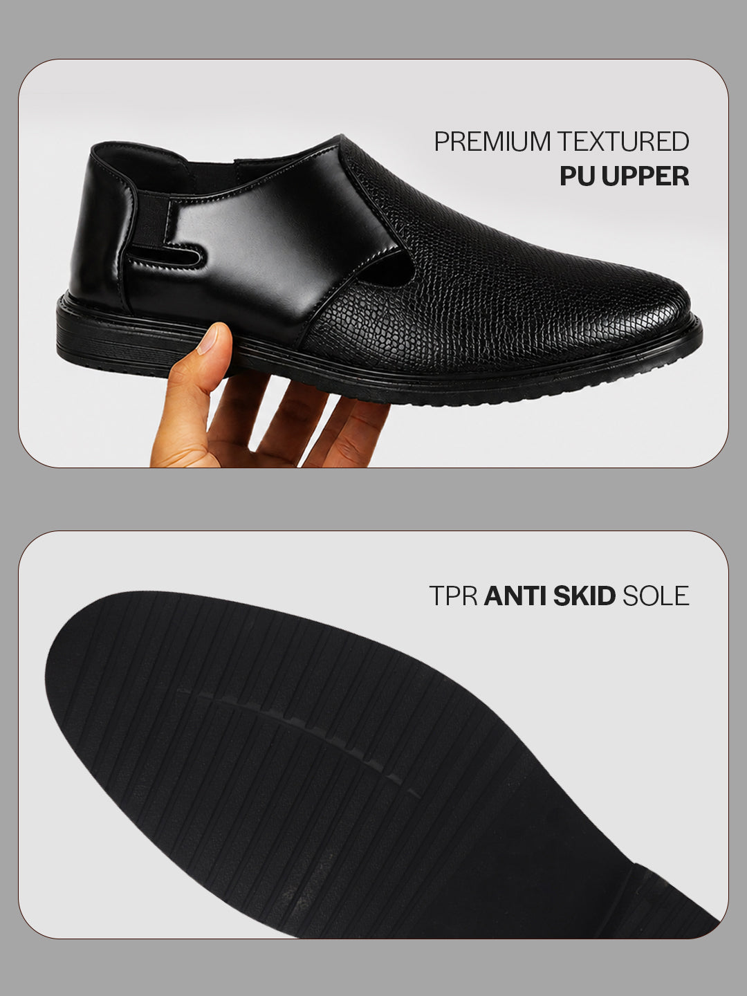 Men Black Ethnic Wedding Peshawari Shoe Style Sandal with Elastic Side Gore|Premium Textured Slip-On Roman Sandals Paired with Kurta Pyjama or Jeans|Slip Resistant TPR Welted Sole