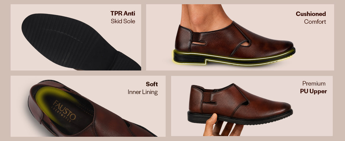 Men Brown Ethnic Wedding Peshawari Shoe Style Slip On Sandal with Comfort Elastic Gore|Low Heel Breathable Traditional Roman Sandals for Festive, Party|Anti Skid TPR Welted Sole