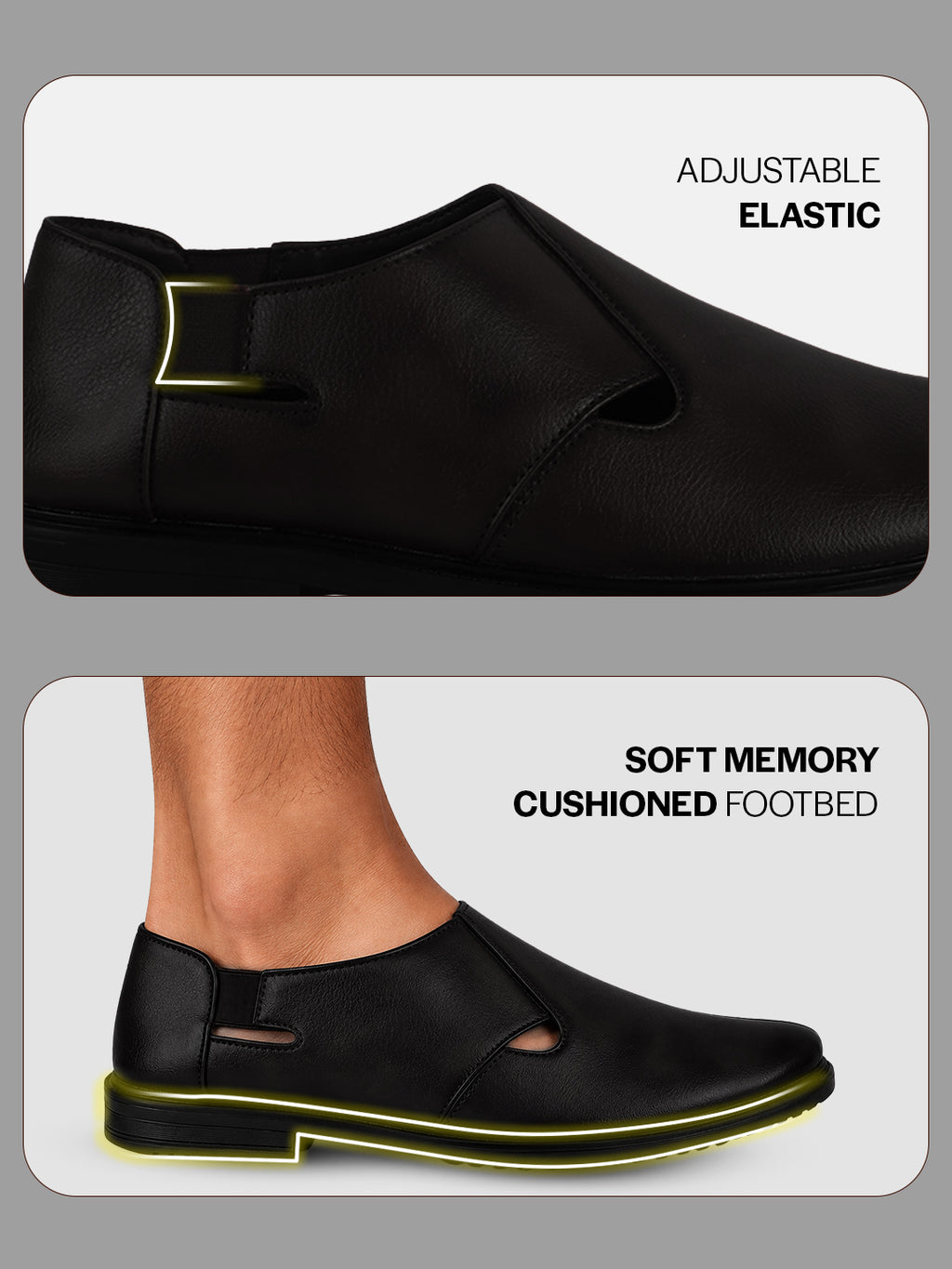 Men Black Ethnic Wedding Peshawari Shoe Style Slip On Sandal with Comfort Elastic Gore|Low Heel Breathable Traditional Roman Sandals for Festive, Party|Anti Skid TPR Welted Sole