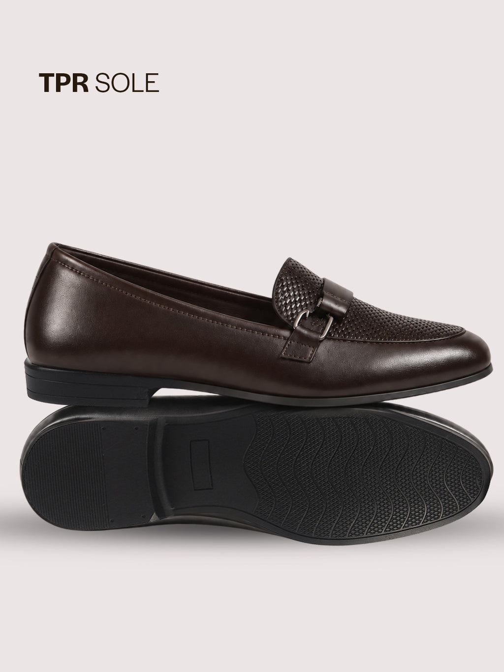 Men Brown Party Formal Slip On Textured Buckle Strap Penny Loafer | Lightweight Cushioned Comfort Insole | Anti Skid TPR Welted Sole Tuxedo Shoe for Office, Meeting, Events