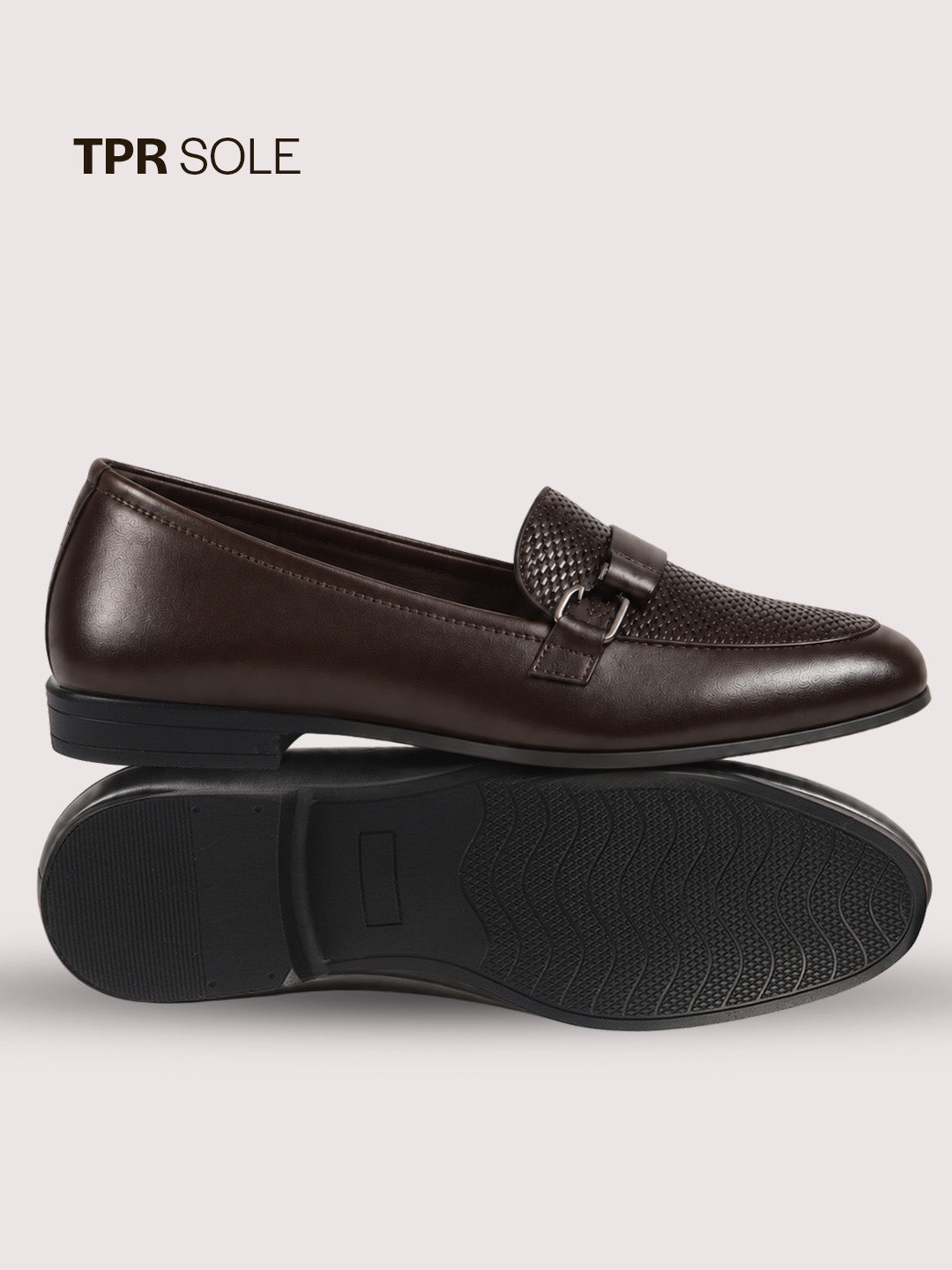 Men Brown Party Formal Slip On Textured Buckle Strap Penny Loafer | Lightweight Cushioned Comfort Insole | Anti Skid TPR Welted Sole Tuxedo Shoe for Office, Meeting, Events
