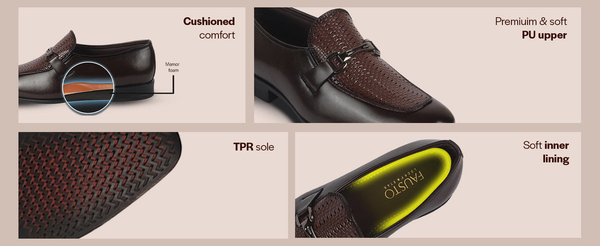 Men Tan Vamp Textured Slip On Horsebit Buckle Party Formal Loafers | Soft Inner Lining, Cushioned Comfort Insole | Anti Skid TPR Welted Sole Shoe for Travel, Meeting, Office