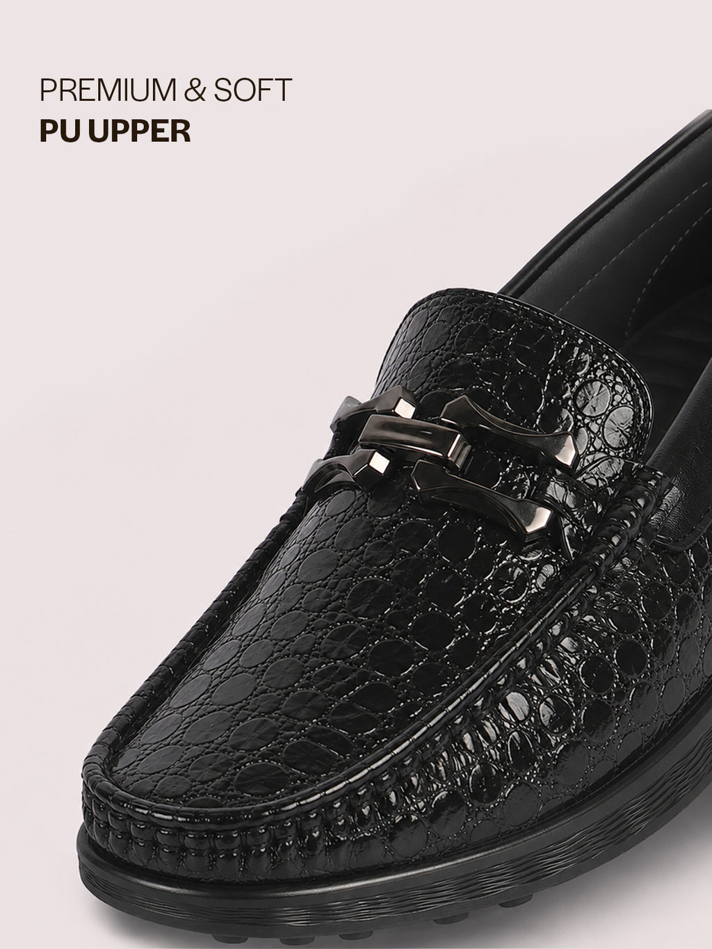 Men Black Horsebit Buckle Moc Toe Textured Slip On Party Loafers | Cushioned Comfort Insole for All Day Long | Slip Resistant EVA Sole Shoe for Wedding, Event, Semi Formal Outfits
