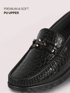 Men Black Horsebit Buckle Moc Toe Textured Slip On Party Loafers | Cushioned Comfort Insole for All Day Long | Slip Resistant EVA Sole Shoe for Wedding, Event, Semi Formal Outfits