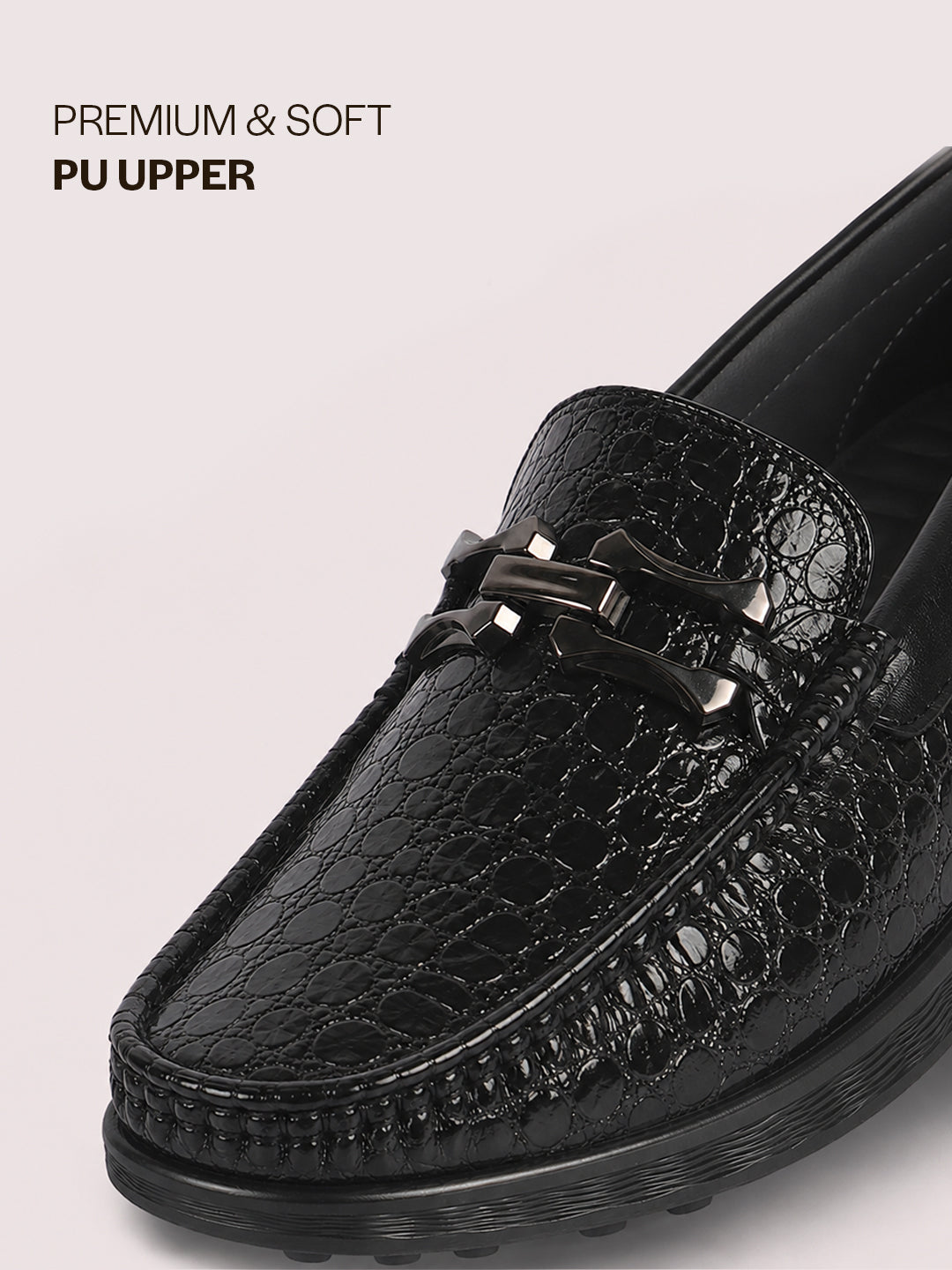 Men Black Horsebit Buckle Moc Toe Textured Slip On Party Loafers | Cushioned Comfort Insole for All Day Long | Slip Resistant EVA Sole Shoe for Wedding, Event, Semi Formal Outfits