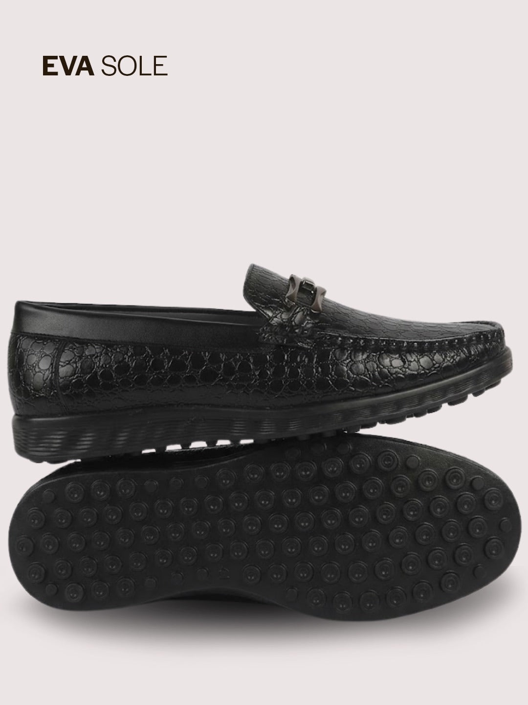 Men Black Horsebit Buckle Moc Toe Textured Slip On Party Loafers | Cushioned Comfort Insole for All Day Long | Slip Resistant EVA Sole Shoe for Wedding, Event, Semi Formal Outfits