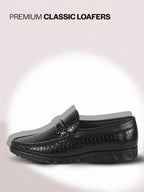 Men Black Horsebit Buckle Moc Toe Textured Slip On Party Loafers | Cushioned Comfort Insole for All Day Long | Slip Resistant EVA Sole Shoe for Wedding, Event, Semi Formal Outfits