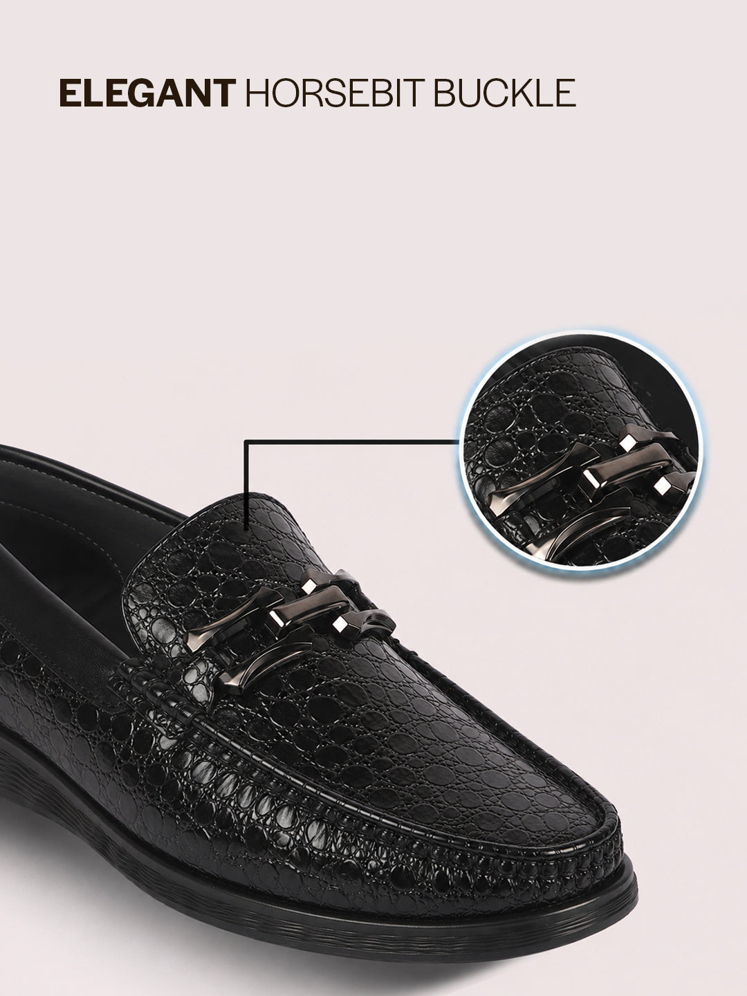 Men Black Horsebit Buckle Moc Toe Textured Slip On Party Loafers | Cushioned Comfort Insole for All Day Long | Slip Resistant EVA Sole Shoe for Wedding, Event, Semi Formal Outfits