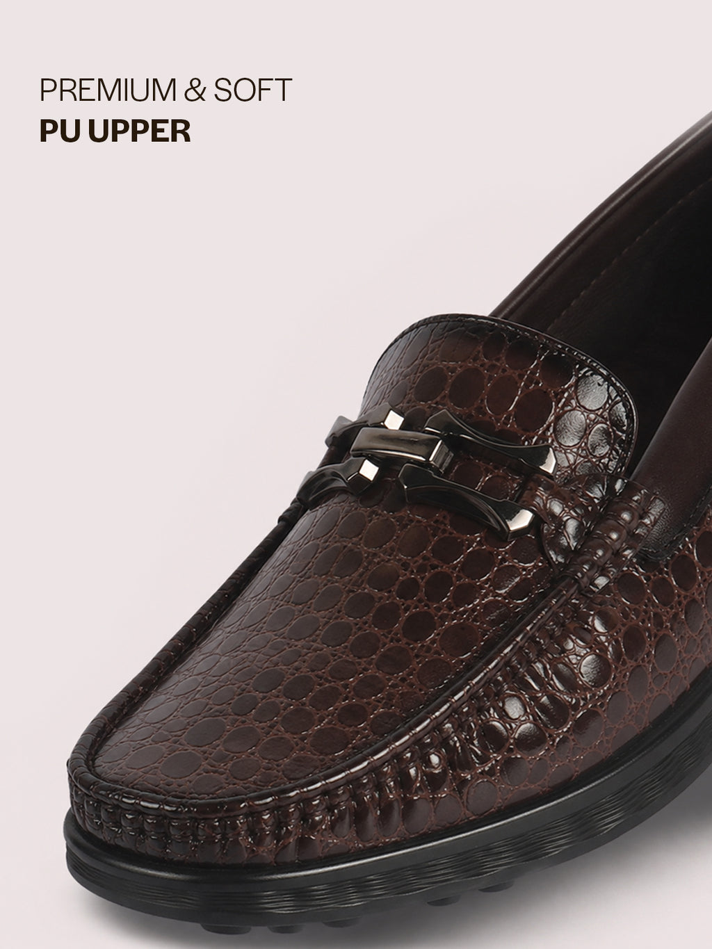 Men Brown Horsebit Buckle Moc Toe Textured Slip On Party Loafers | Cushioned Comfort Insole for All Day Long | Slip Resistant EVA Sole Shoe for Wedding, Event, Semi Formal Outfits